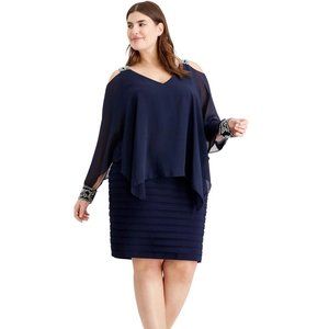 BETSY & ADAM Cold-Shoulder Popover Dress Navy Silver Plus Size 18W
